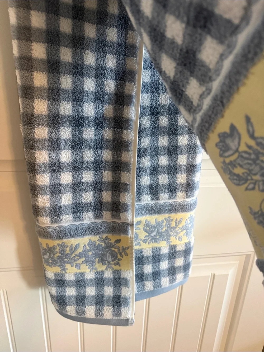 Classic Blue and White Check Cotton Bath Towel with Floral Trim